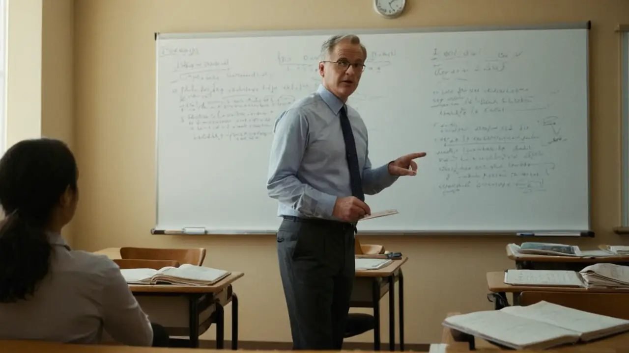Profesor enseña UML en aula soleada