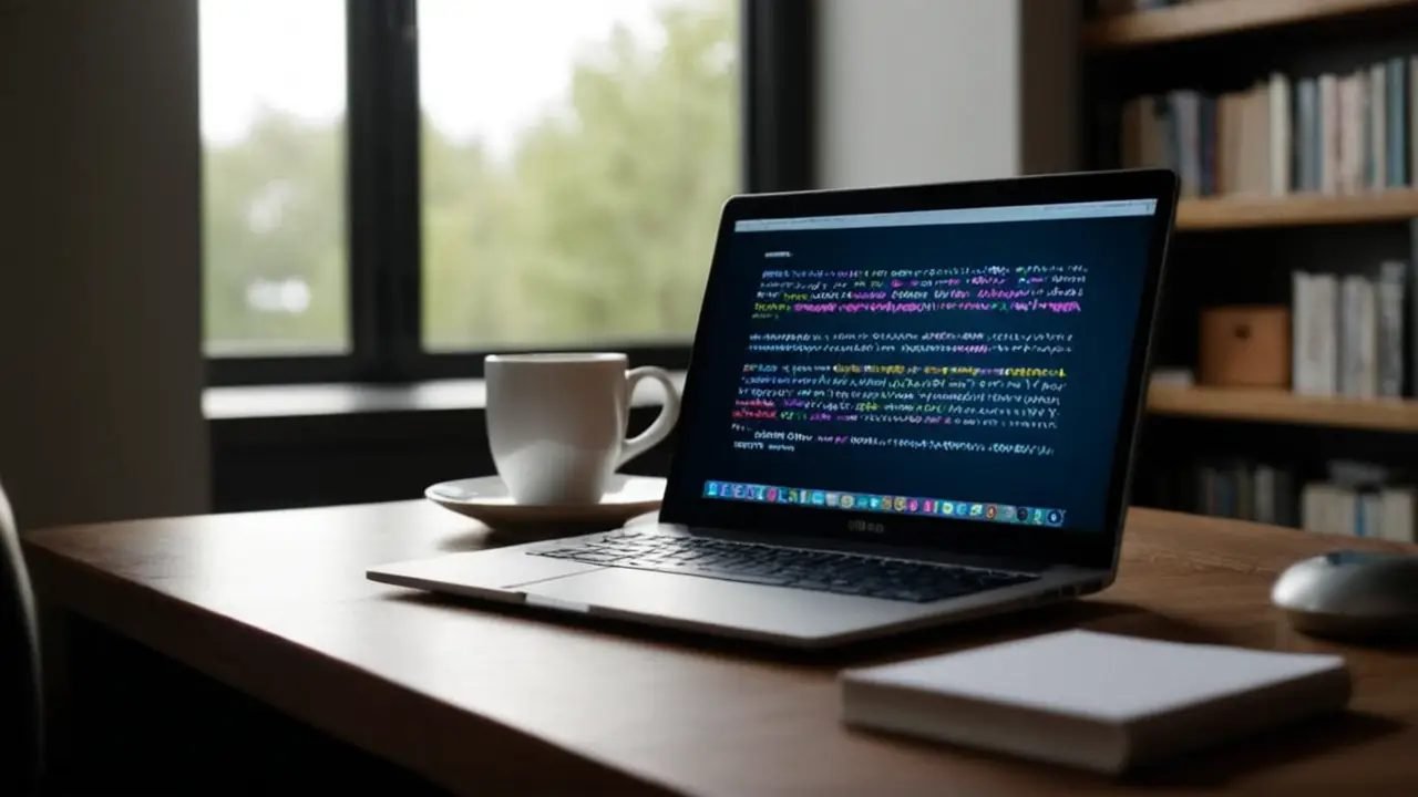 Escritorio de programador con código y portátil
