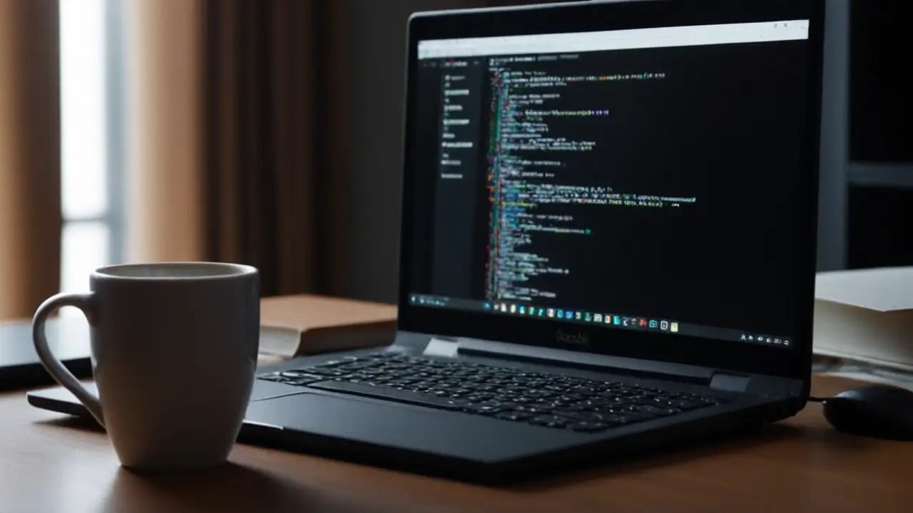 Escritorio desordenado de programador con portátil