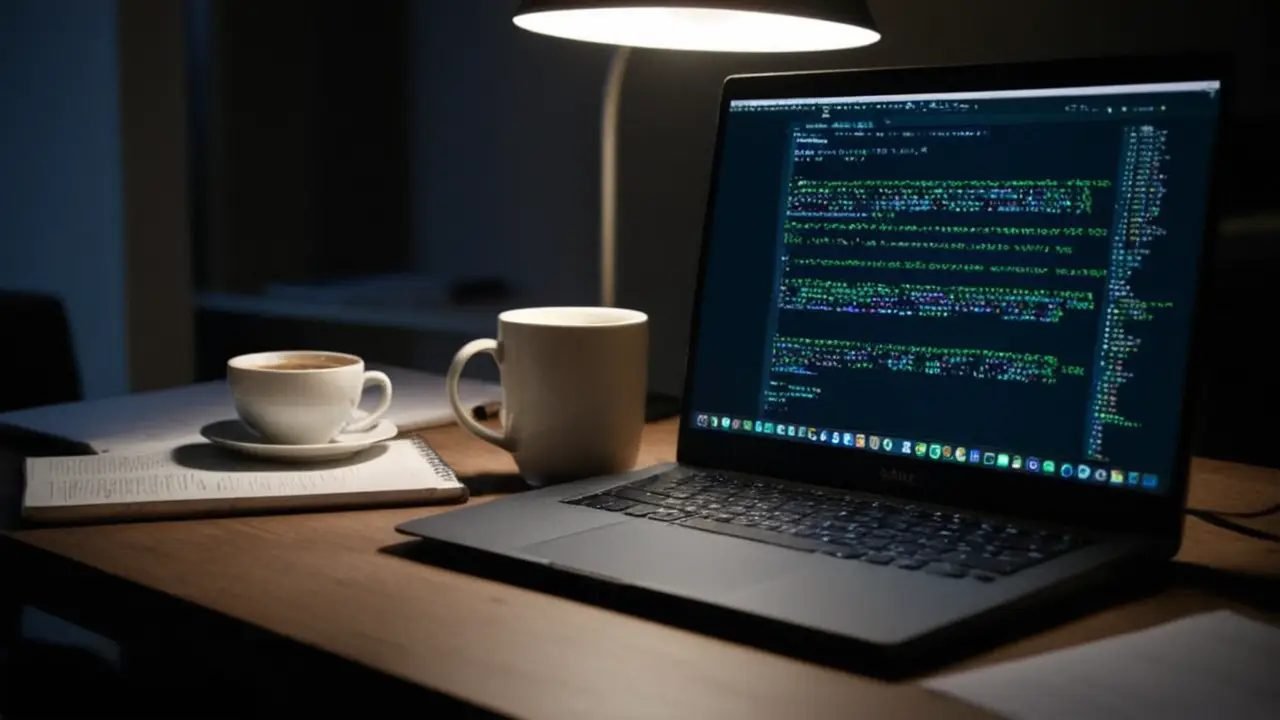 Escritorio moderno con laptop y código Node. js