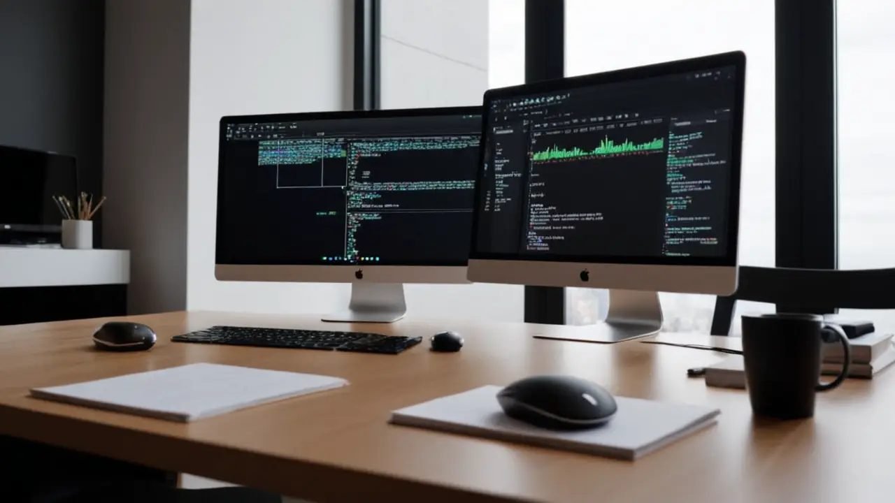 Escritorio con código Node. js y diagramas