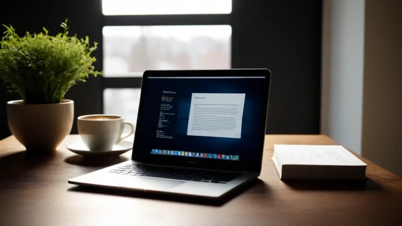 Escritorio moderno con laptop y código