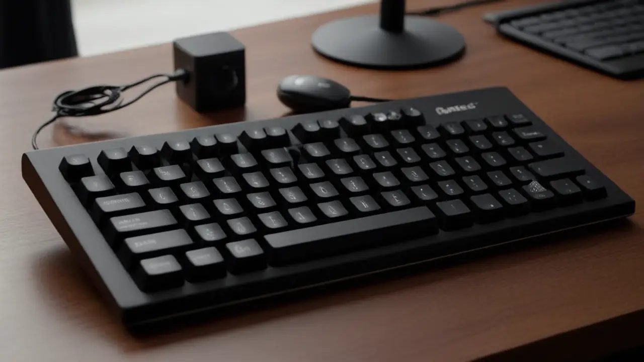 Teclado QWERTY detallado en escritorio de madera