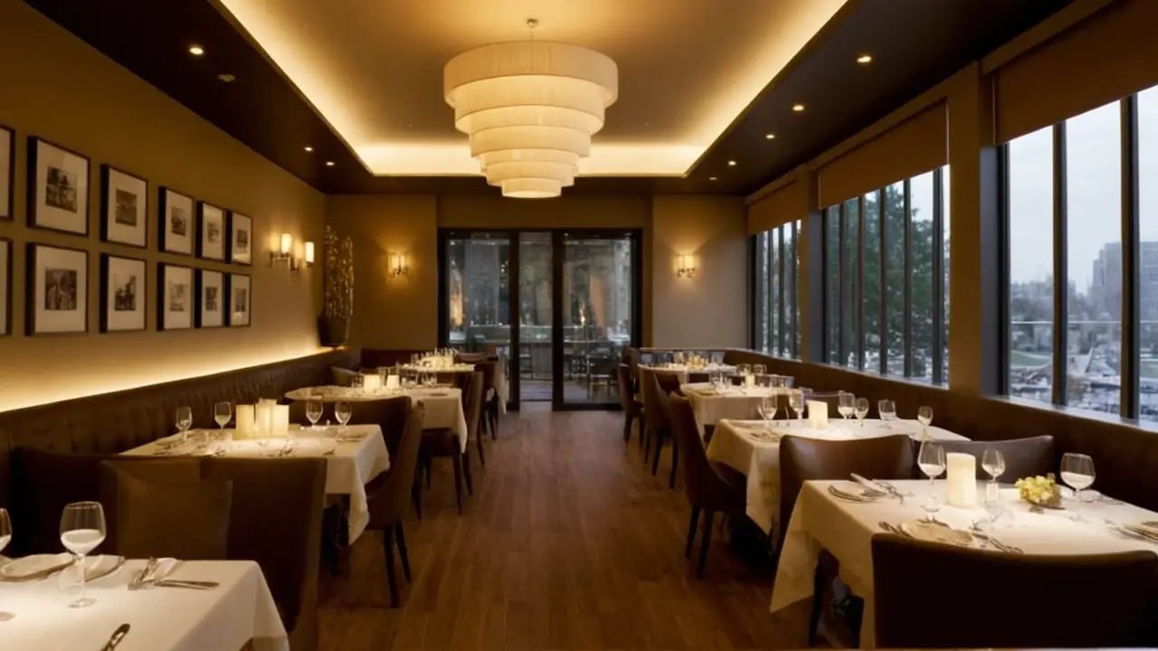 Interior de restaurante con catálogos iluminados
