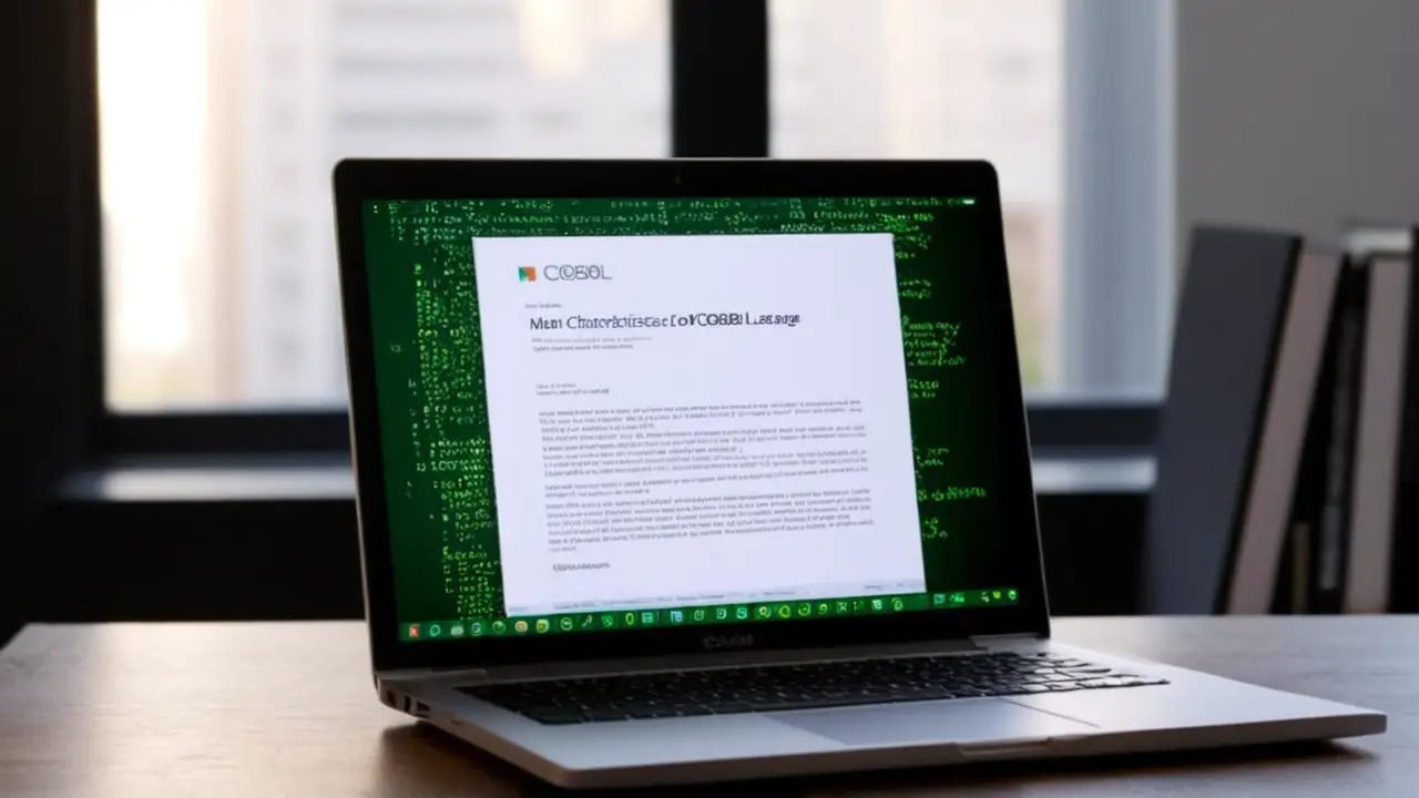 Libro de COBOL en escritorio con laptop