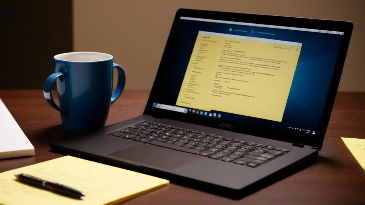 Escritorio desordenado con portátil y código
