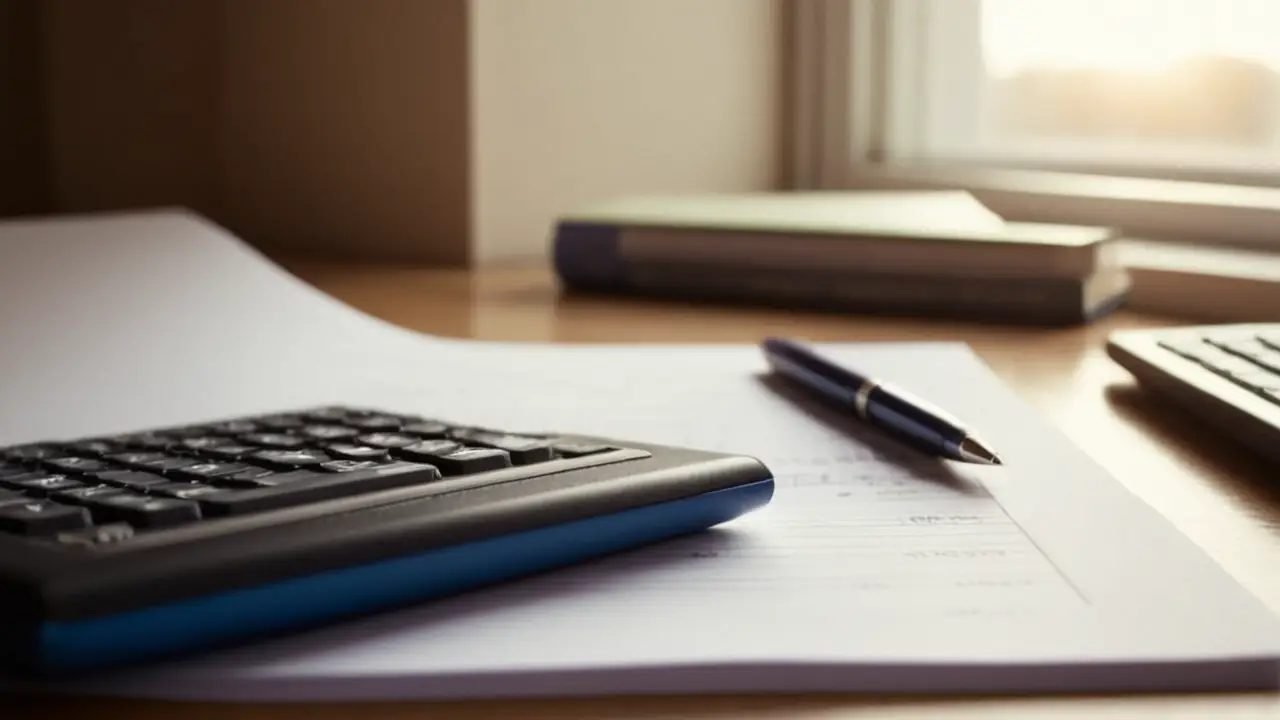 Escritorio desordenado con documentos y laptop financieros