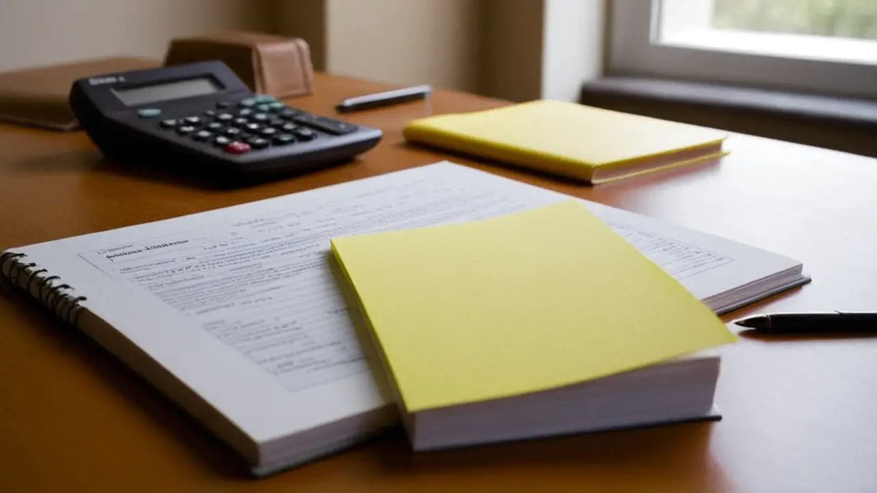 Escritorio desordenado con documentos y libro financiero