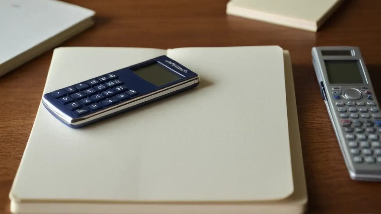 Escritorio desordenado con fórmula y calculadora