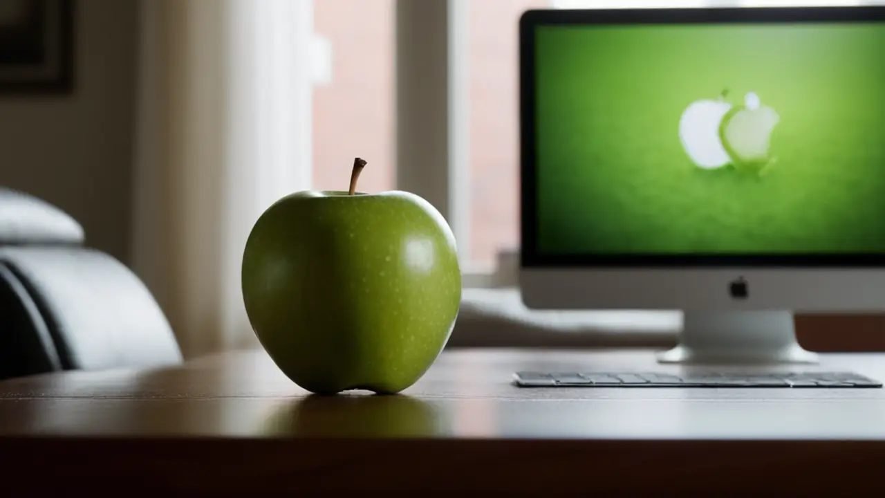 Manzana real y su modelo 3D en laptop