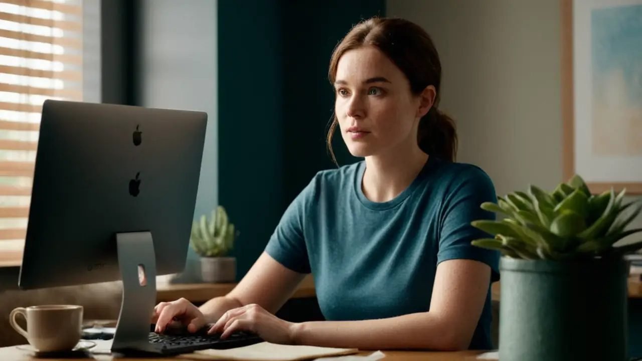 Mujer joven trabaja en escritorio casero
