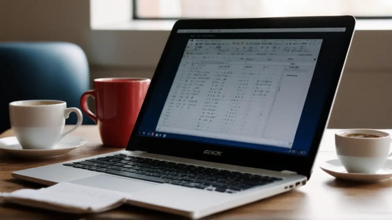 Escritorio desordenado con Excel en portátil