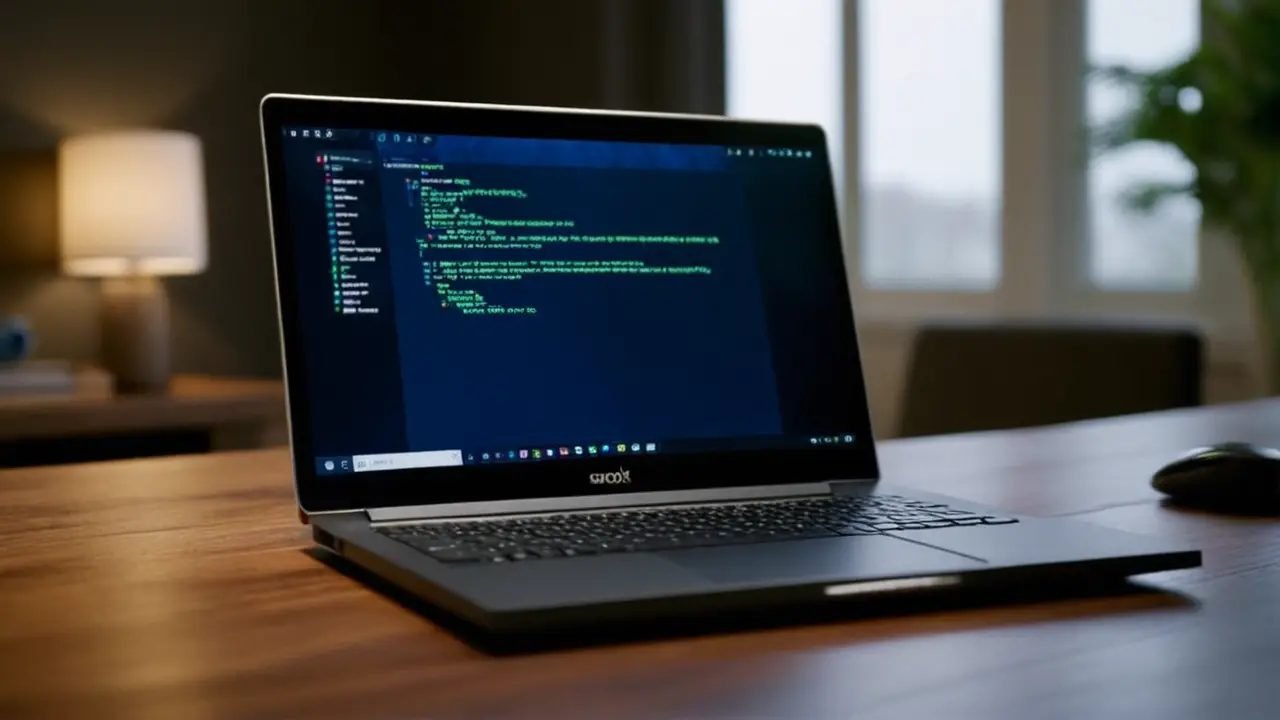 Laptop con código Python en escritorio
