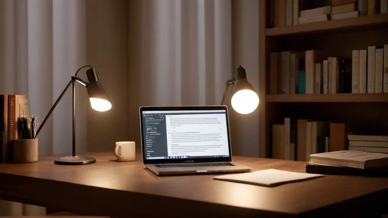 Escritorio moderno con AWS en oficina soleada