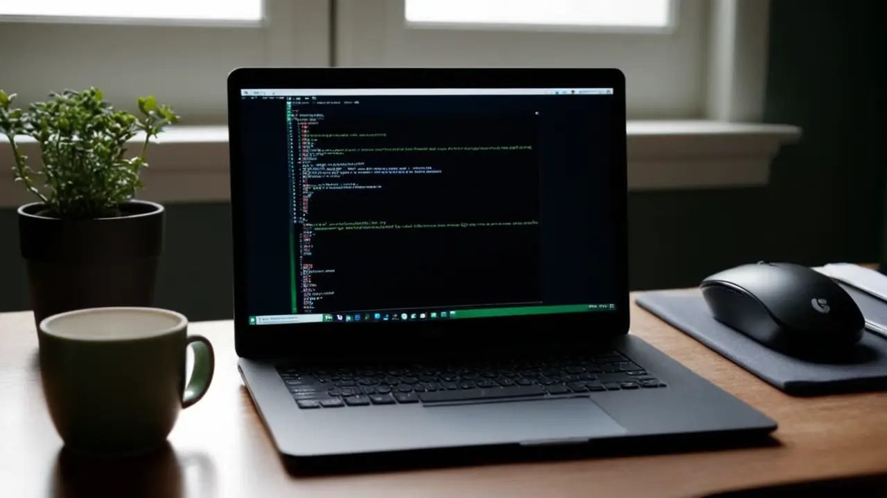Escritorio desordenado con laptop y código