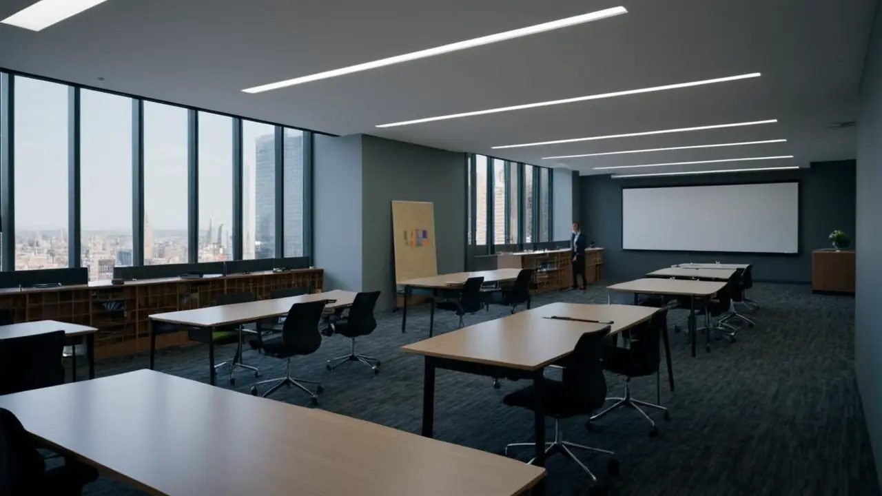 Aula moderna con estudiantes y tecnología AI