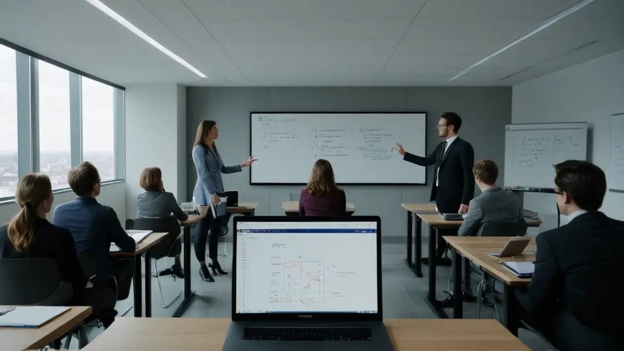 Aula moderna con estudiantes programando