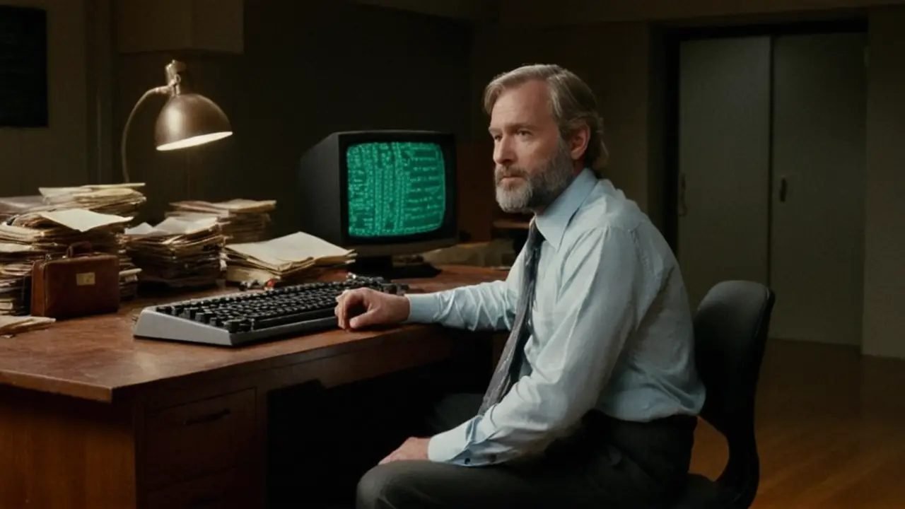 Hombre pensativo teclea en computadora de Bell Labs