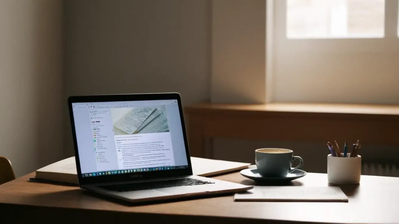 Estudiante programando en escritorio soleado