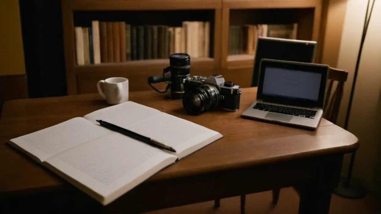 Escritorio caótico de periodista con detalles realistas