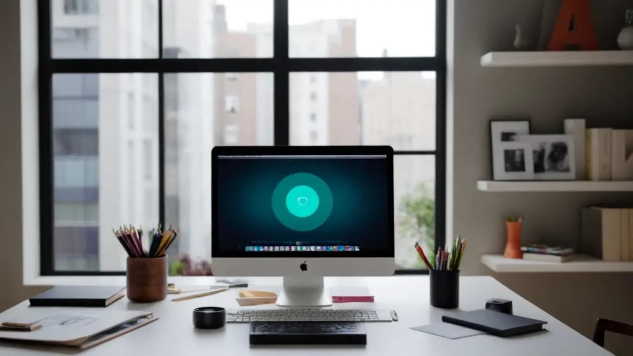 Escritorio de diseño moderno con laptop y luz