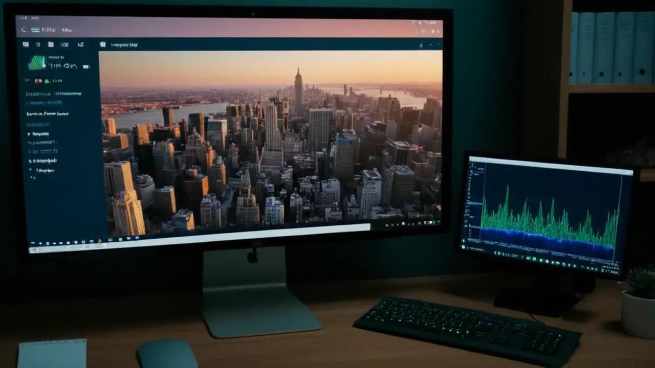 Oficina moderna con gráficos de redes neuronales