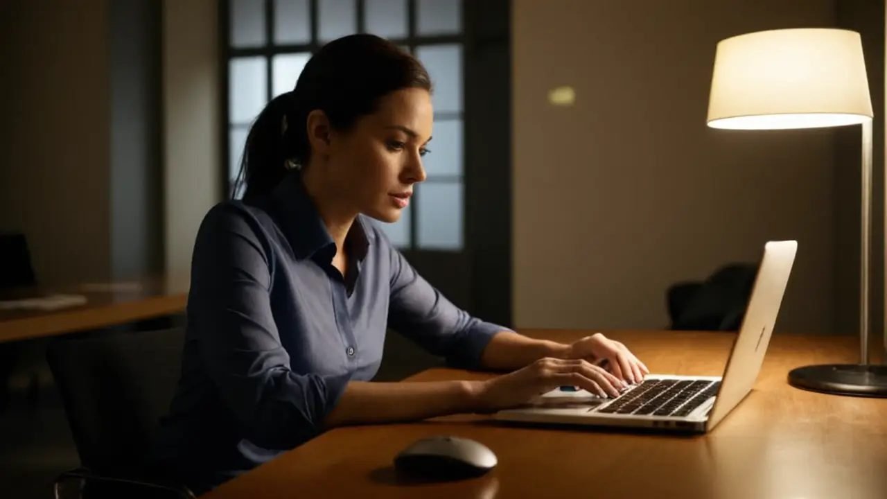 Profesional enfocado en laptop en oficina colombiana