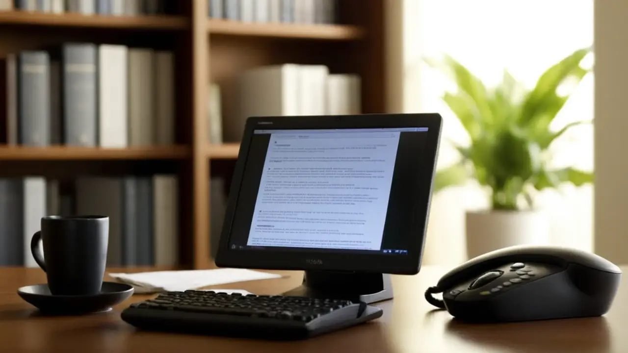 Escritorio desordenado en oficina soleada