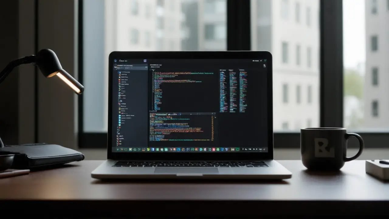 Escritorio desordenado con laptop y Git