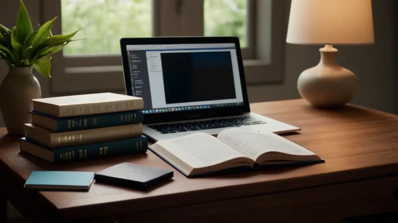 Escritorio soleado con libros de Python