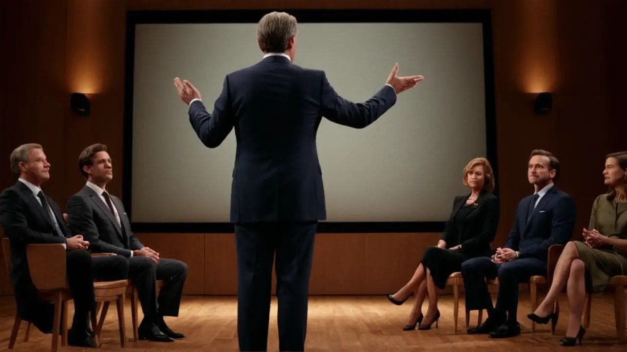Orador en escenario con audiencia y pantalla