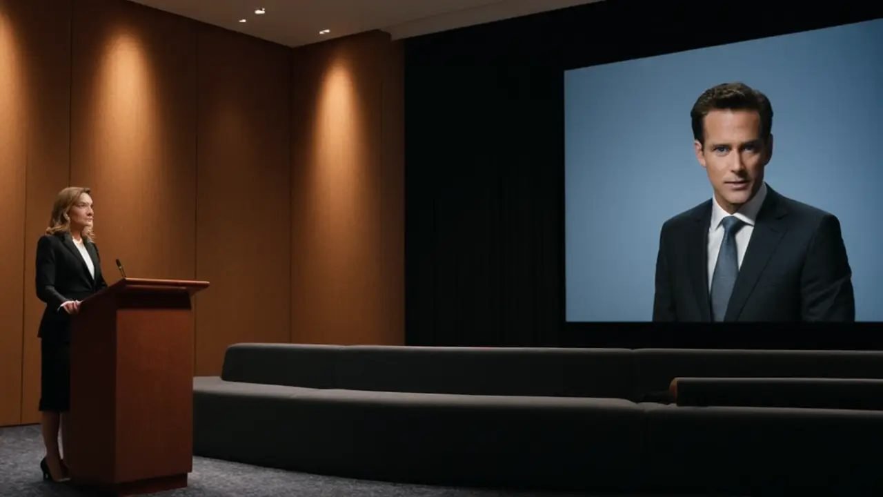 Orador en escenario realista con audiencia