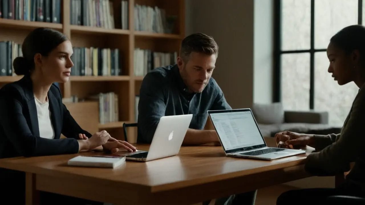 Programadores colaborando en habitación iluminada