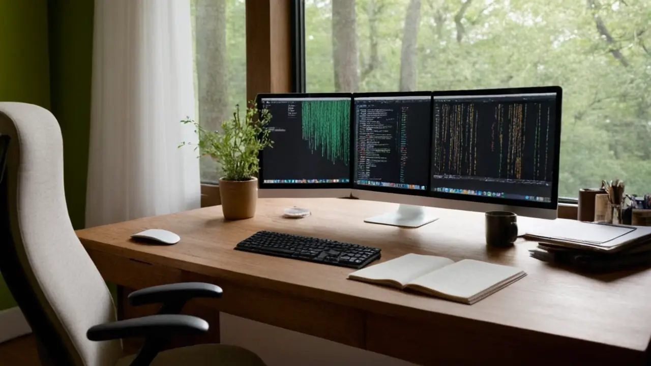 Programador codifica en oficina soleada