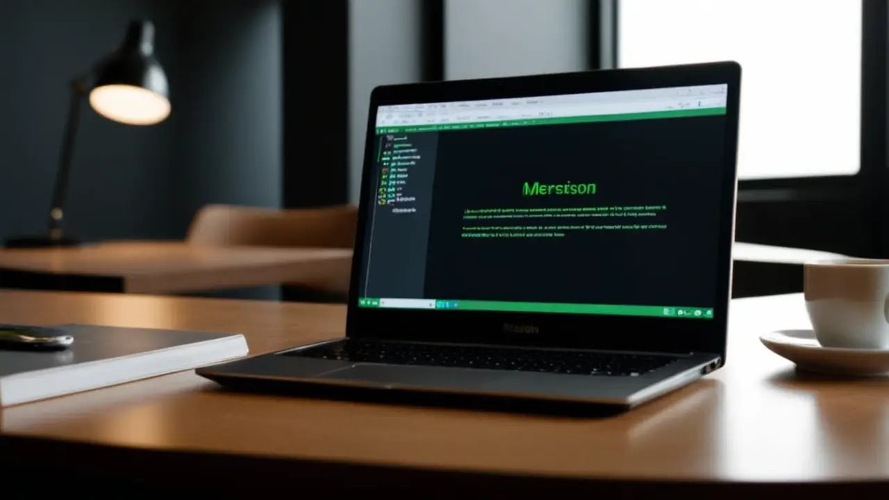 Escritorio con portátil mostrando código Mergesort