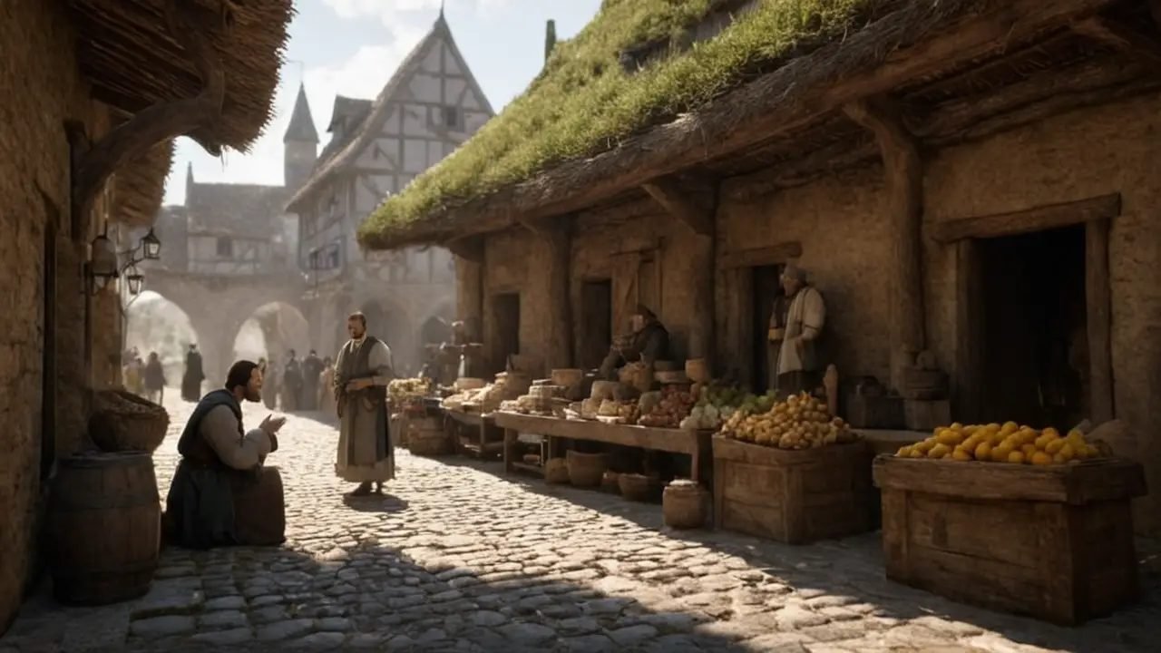 Jugador negocia con mercader en mercado medieval