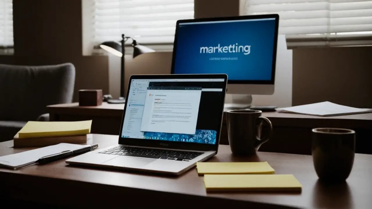 Escritorio con laptop y objetivos de marketing