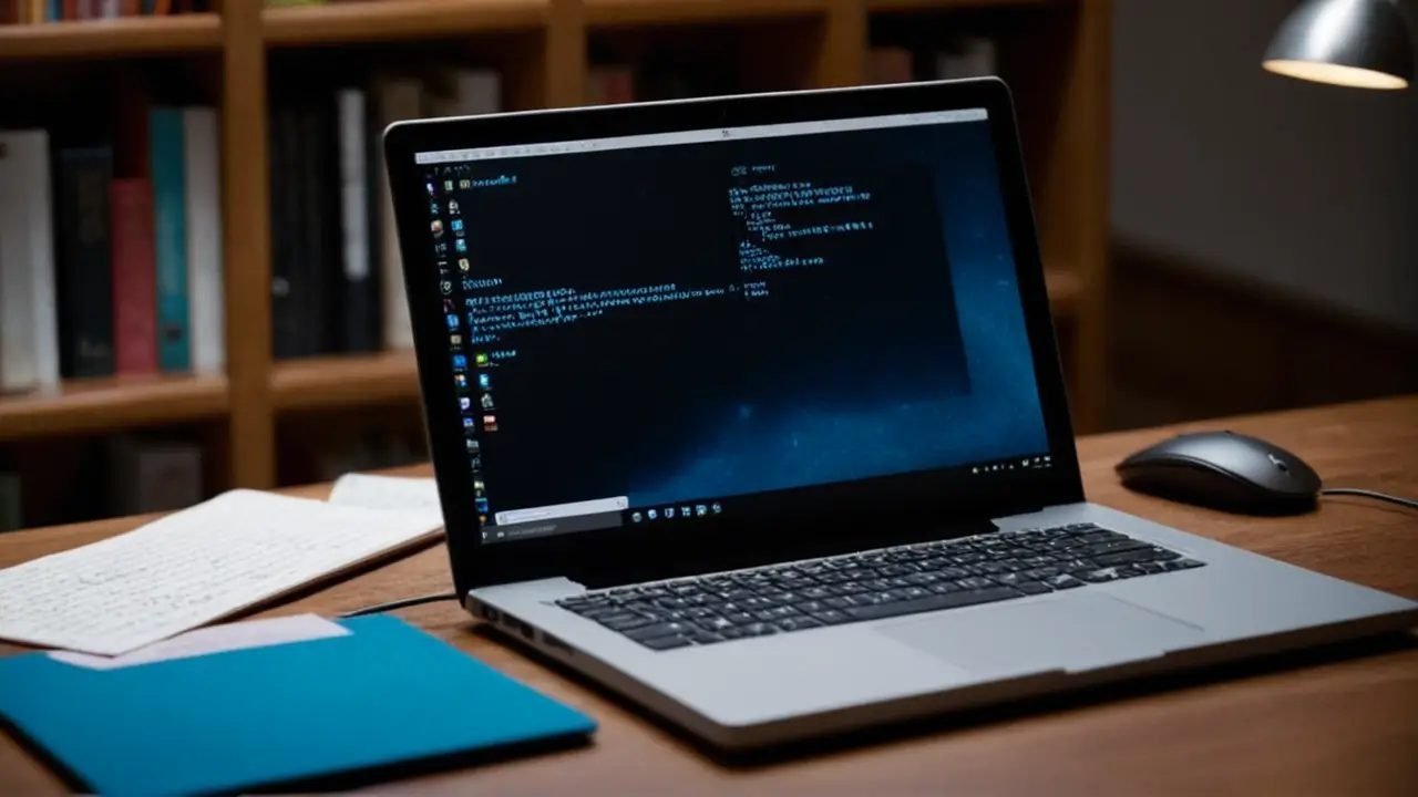 Escritorio con laptop y código Java Script