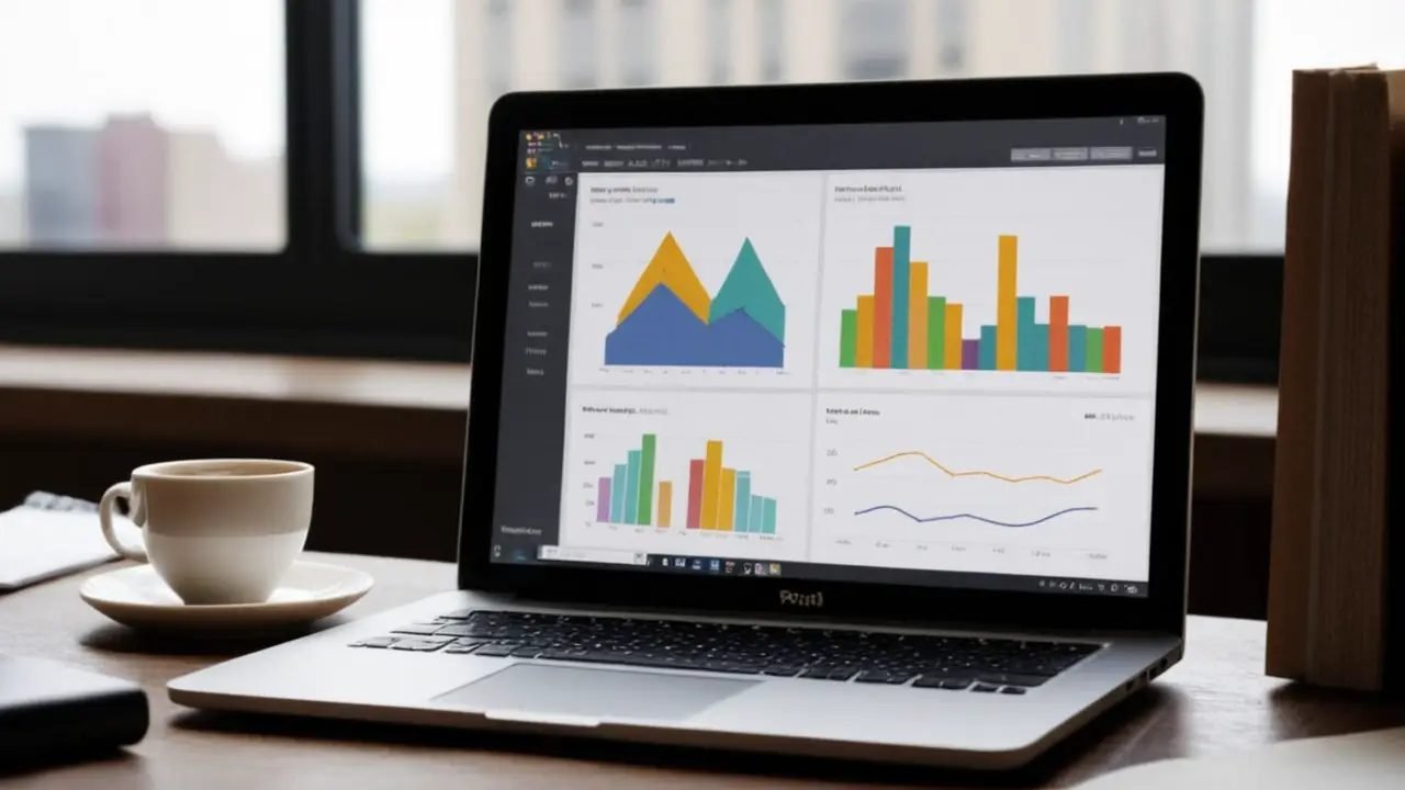 Emprendedor en escritorio con laptop y gráficos