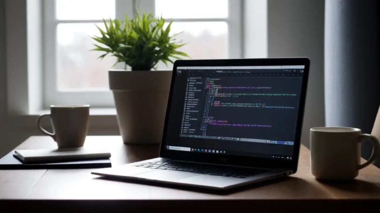 Escritorio moderno con laptop y código Java