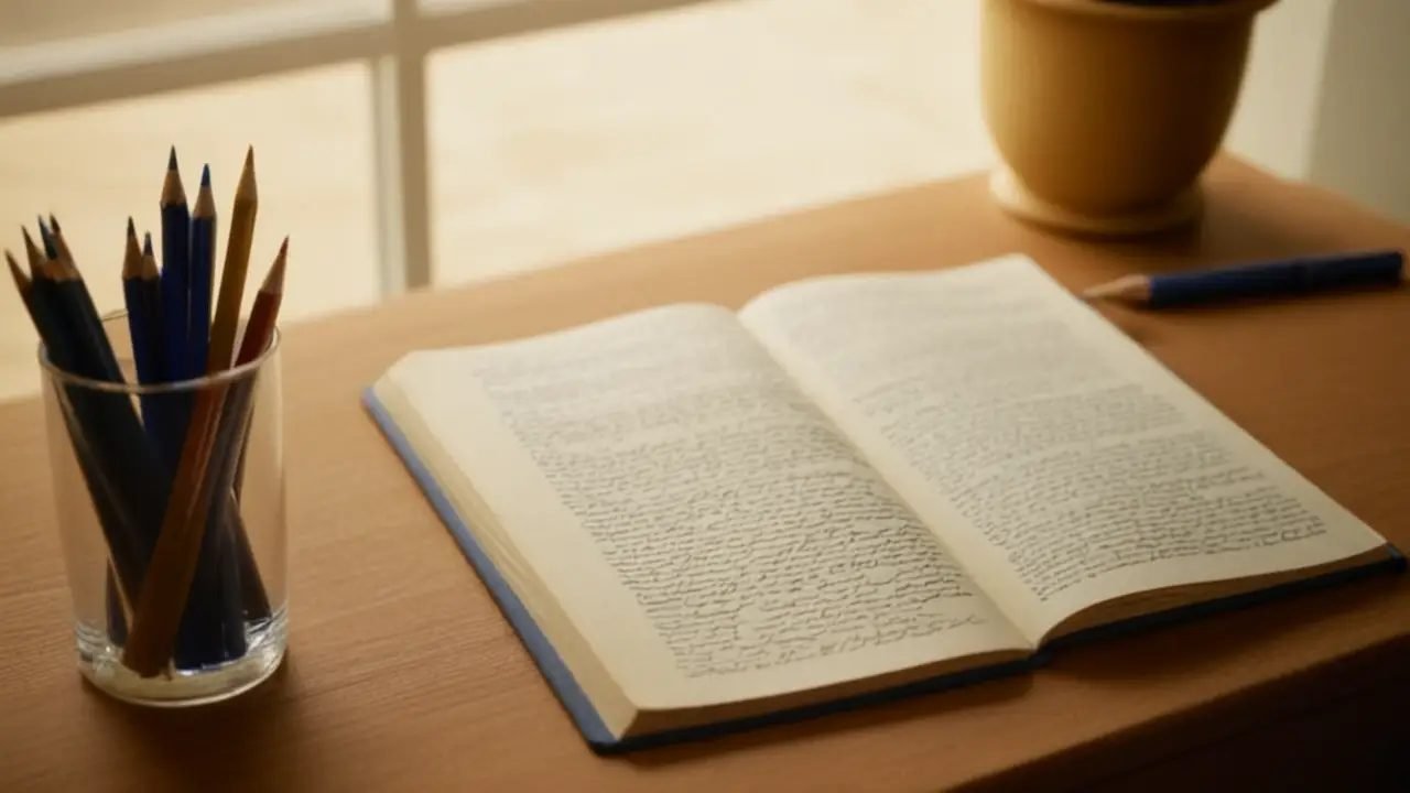 Escritorio soleado con libro de exponentes