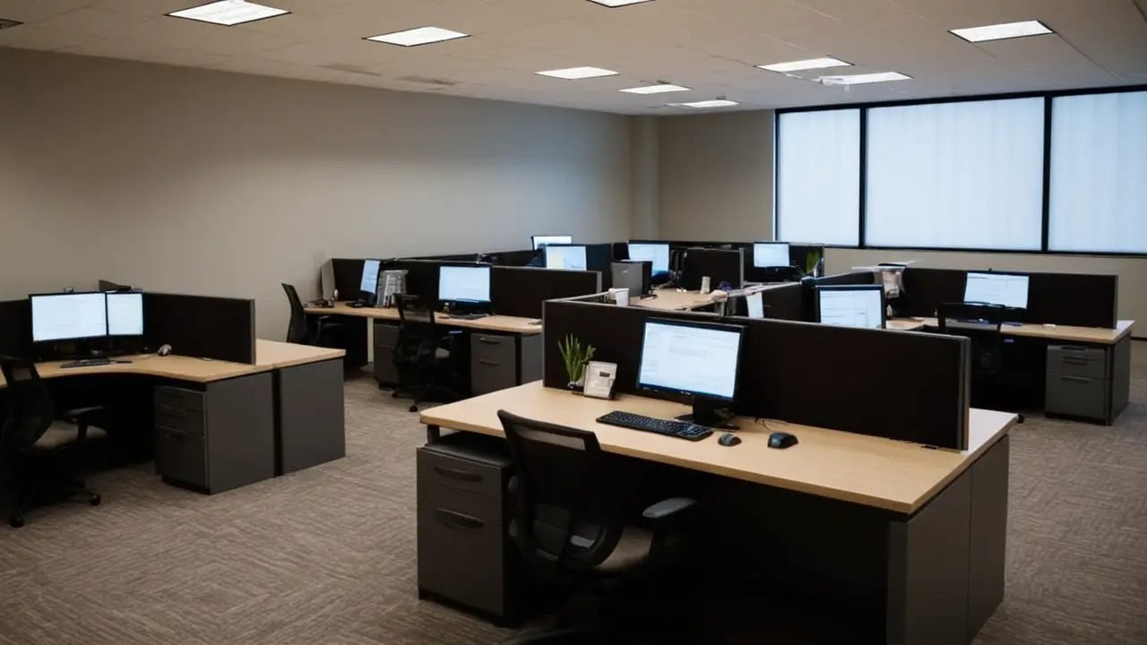 Oficina moderna con cubículos y testers