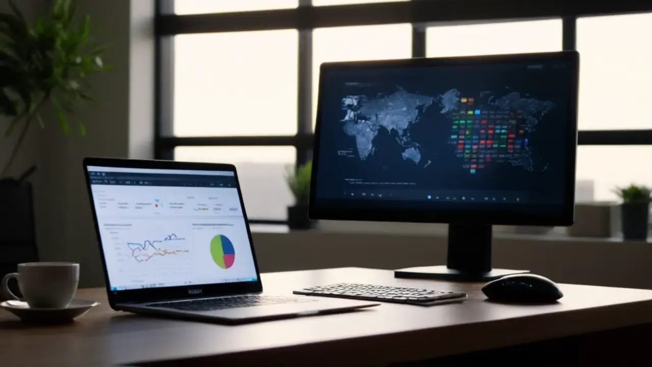 Escritorio de oficina con laptop y datos digitales