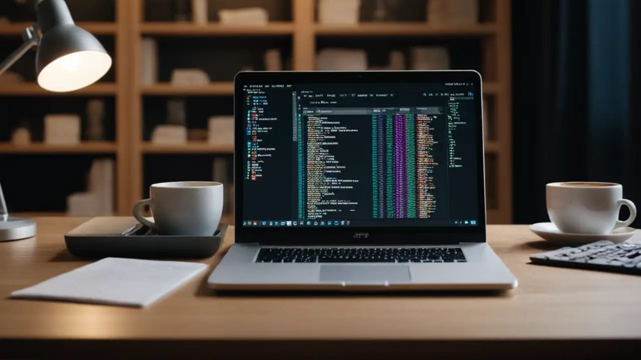 Laptop con IDE en escritorio realista