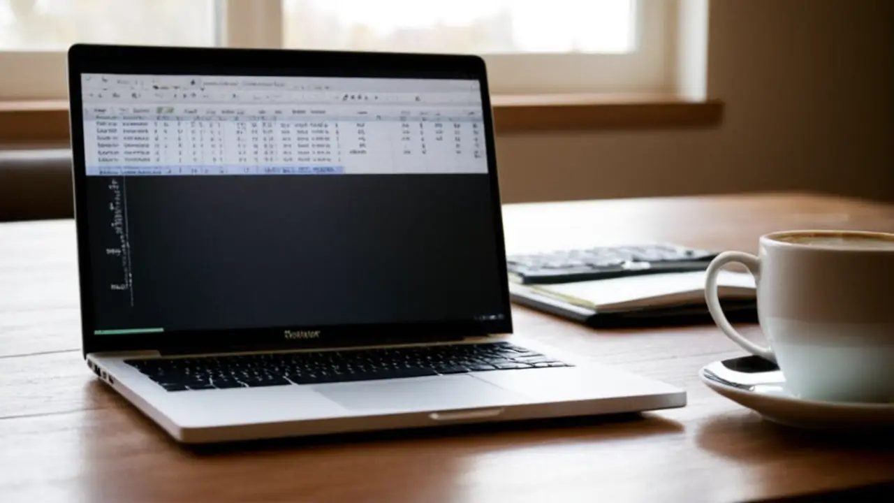 Laptop mostrando Excel en entorno realista