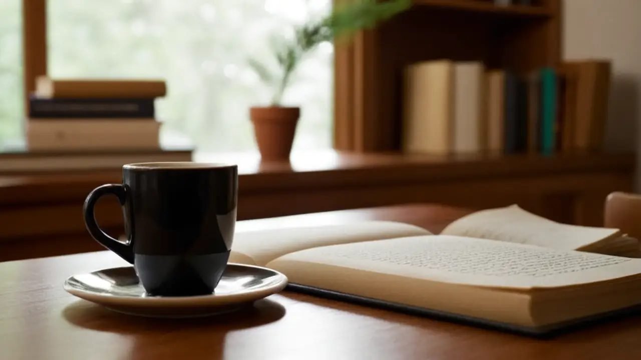 Estudiante reflexiona en escritorio con libros filosóficos
