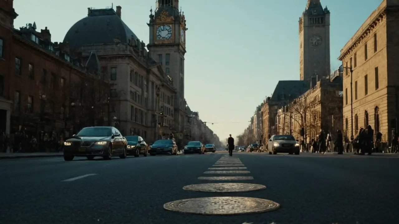 Calle urbana al amanecer soleada