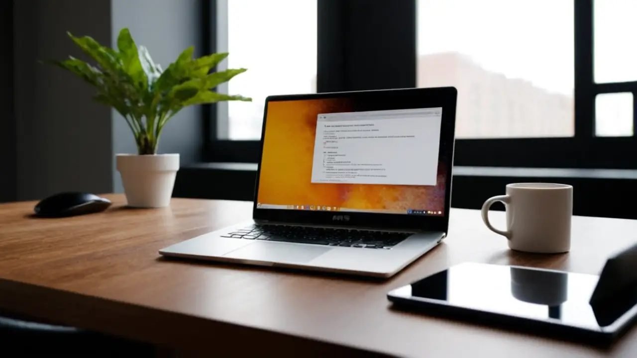 Laptop con código AWS en escritorio desordenado