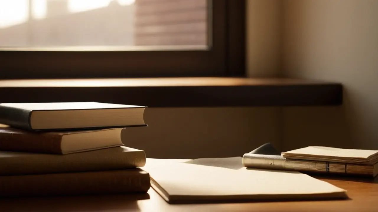 Escritorio con cuaderno, pluma y libros