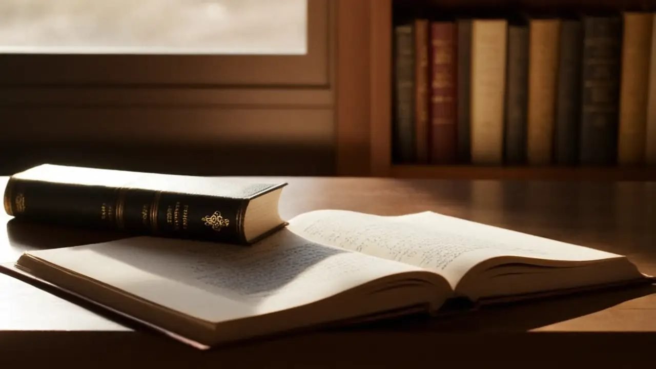 Escritorio soleado con libro abierto